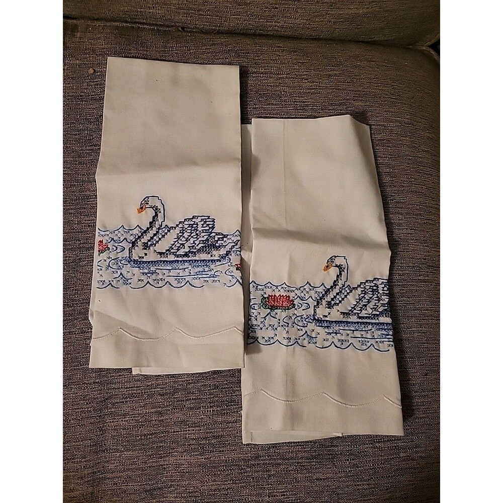 Pair Of Vtg Swan Tea Towels Estate Sale Crossstitch Handsewn? Estate Sale